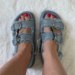 New Zara Blue Denim Frayed Sandals with Buckles